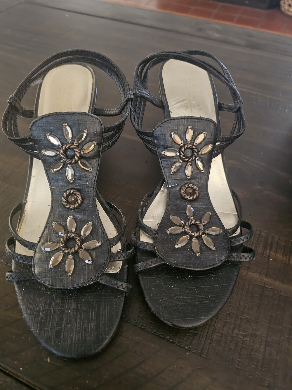 New York Transit Black Jeweled Floral Wedge Sandals